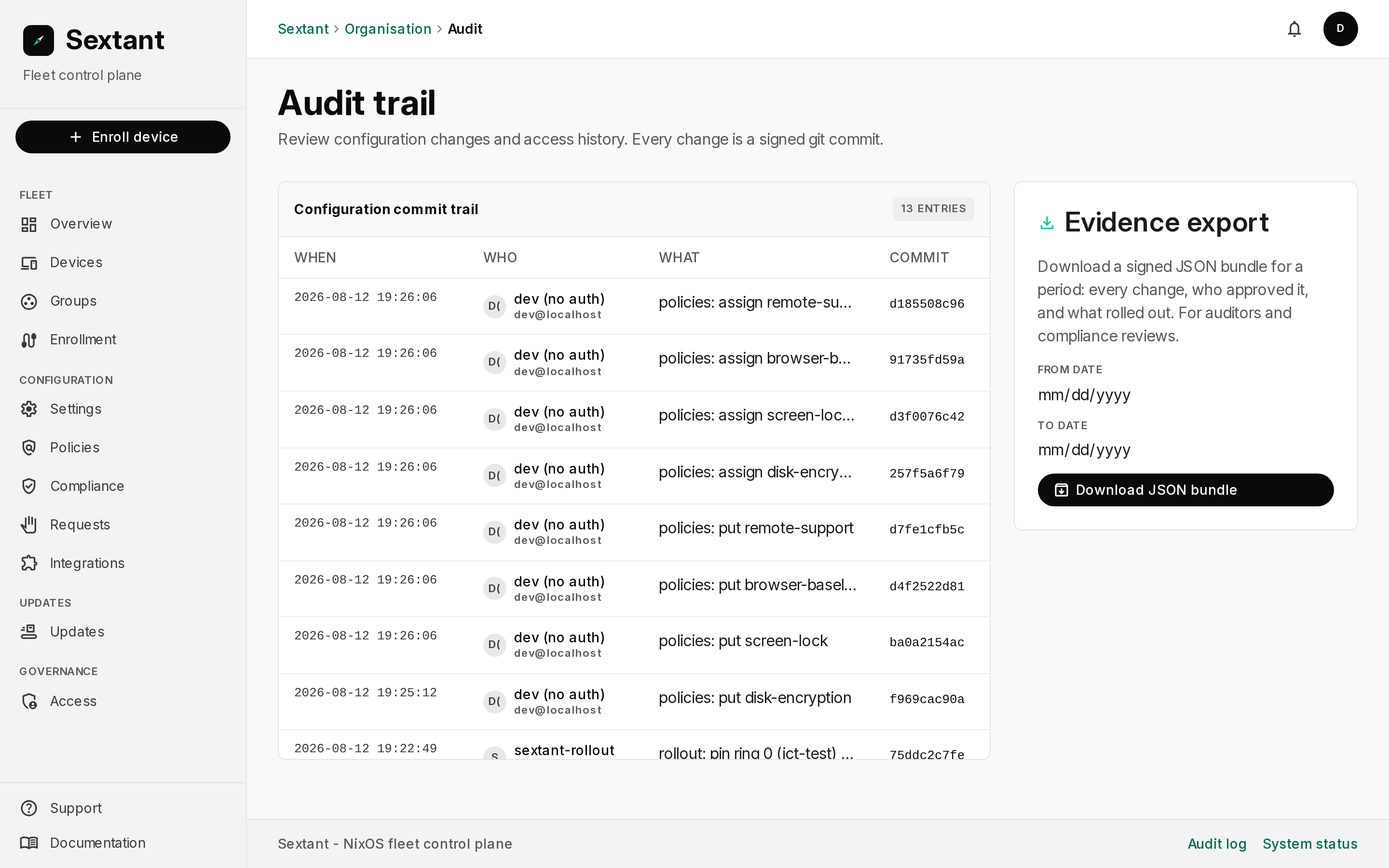 The Sextant audit trail with the configuration commit trail and the evidence export panel