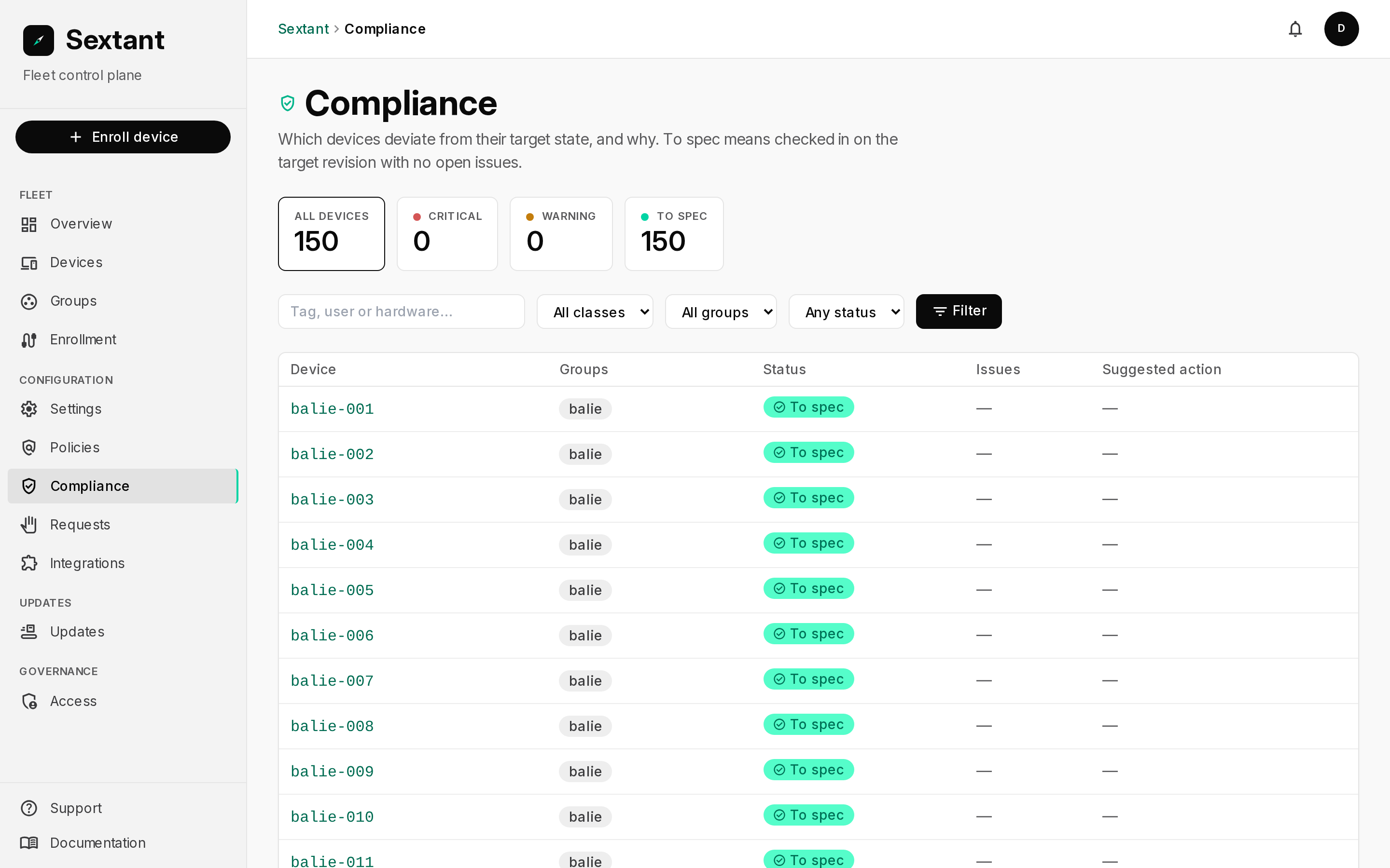 The Sextant compliance screen listing every device with its status and open issues