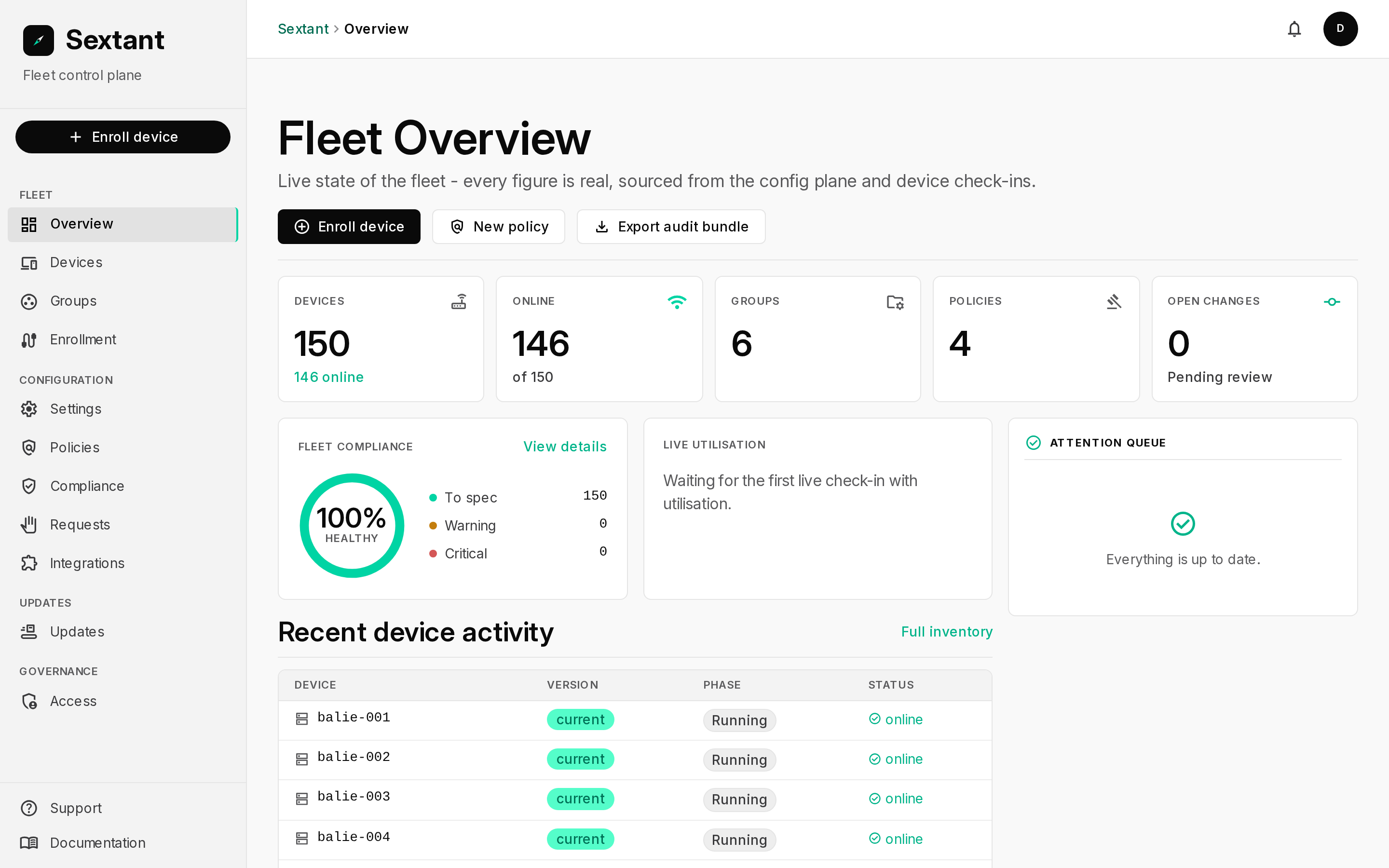 The Sextant console showing fleet health, compliance and recent device activity