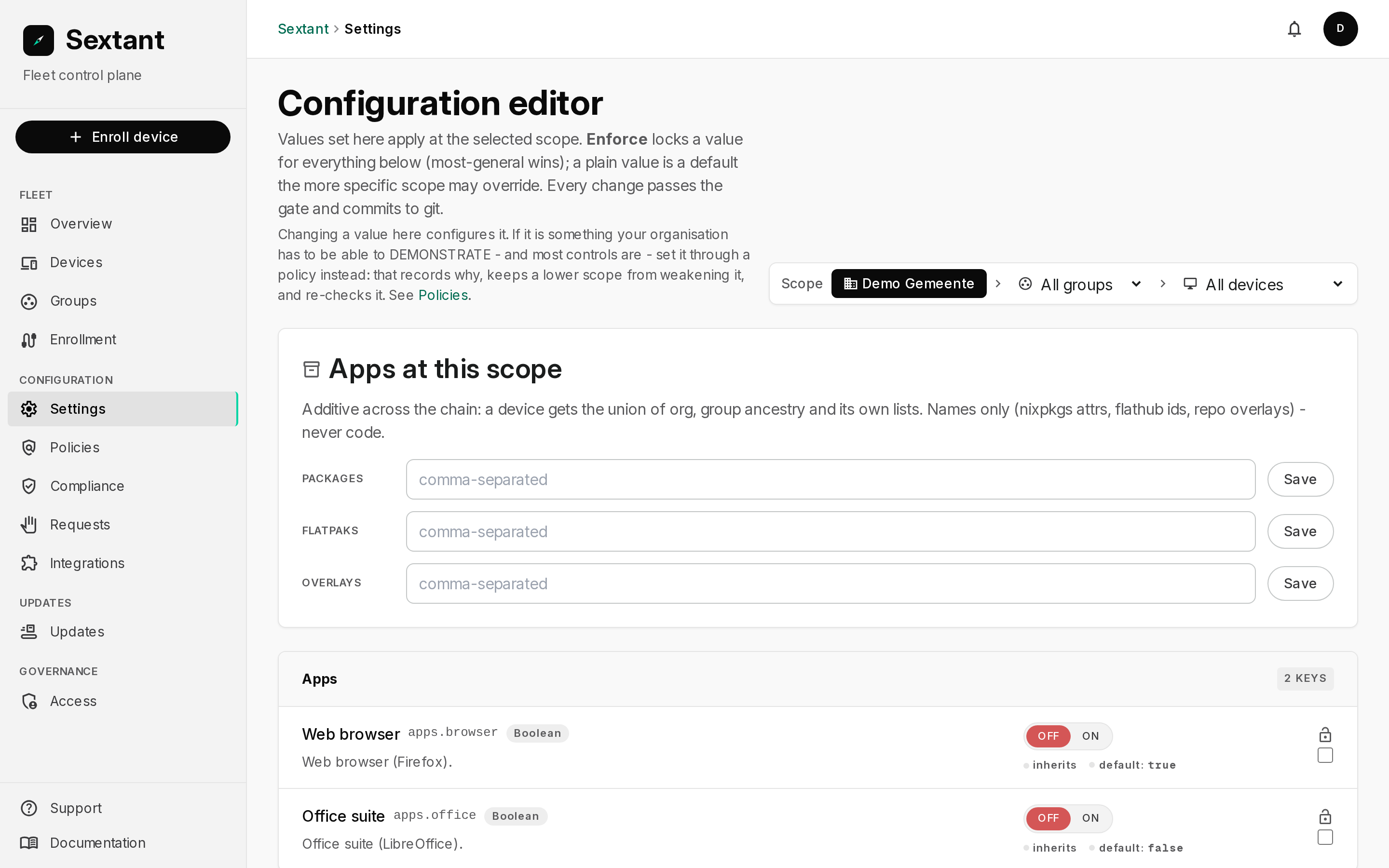 The Sextant configuration editor with a scope selector for organisation, group and device